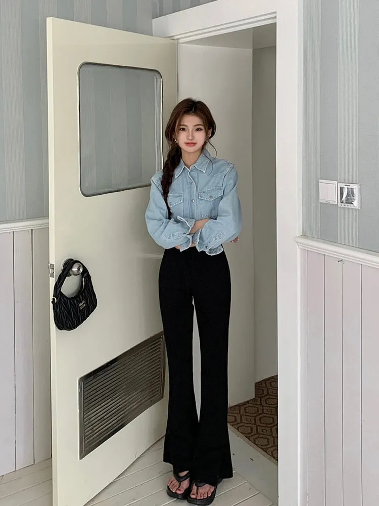 [Korean Style] Black High Waist Casual Slim Fit Flare Pants