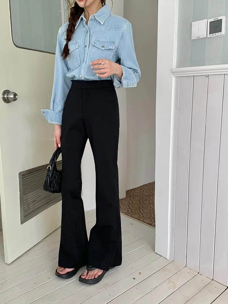 [Korean Style] Black High Waist Casual Slim Fit Flare Pants