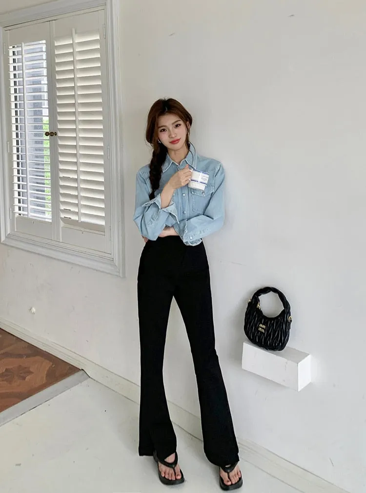 [Korean Style] Black High Waist Casual Slim Fit Flare Pants