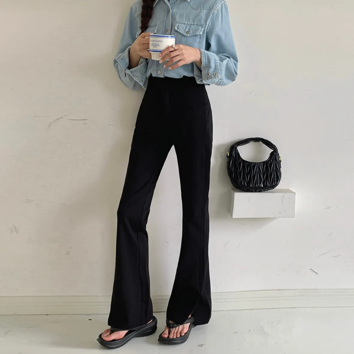 [Korean Style] Black High Waist Casual Slim Fit Flare Pants