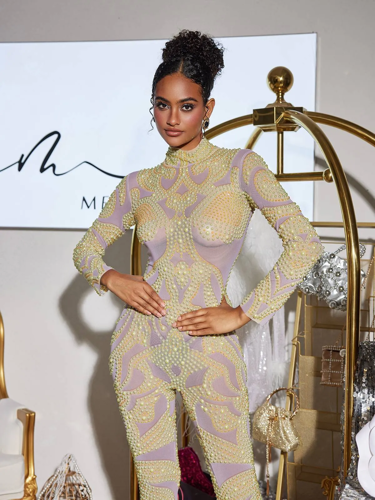 Kottya Long Sleeve Pearl Mesh Jumpsuit