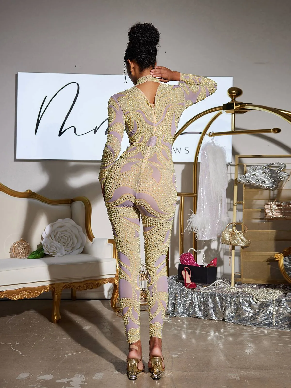 Kottya Long Sleeve Pearl Mesh Jumpsuit