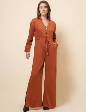 Ladies V-Neck Botton Overall Waist Tie Jumpsuit SKJ4895