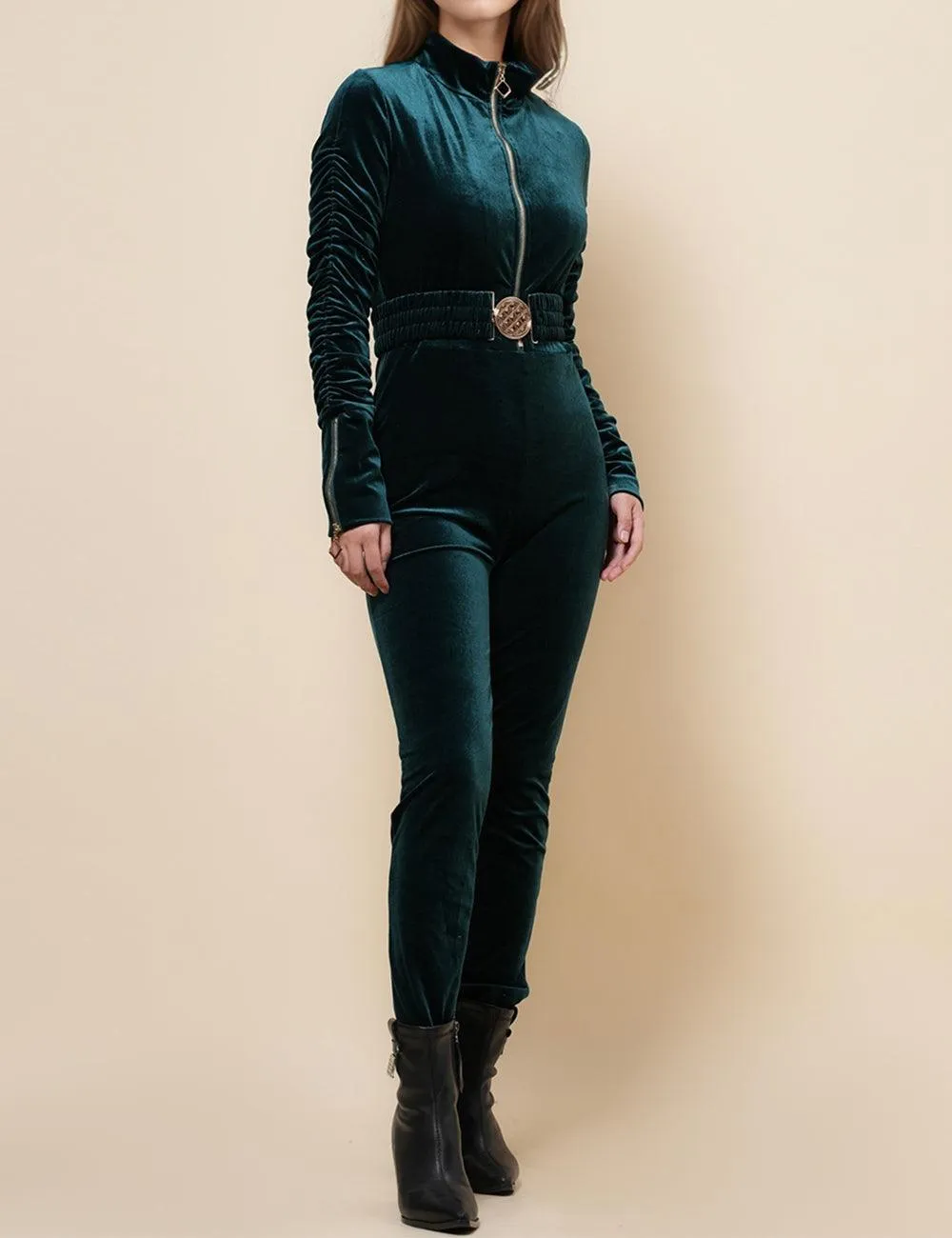 Ladies Velvet Jumpsuit with Golden Elastic Waist Band SKJ4893