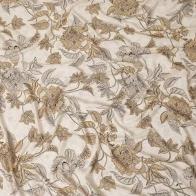Latte beige premium Italian viscose fabric with same tone, black and pale brown print in floral design-D12528