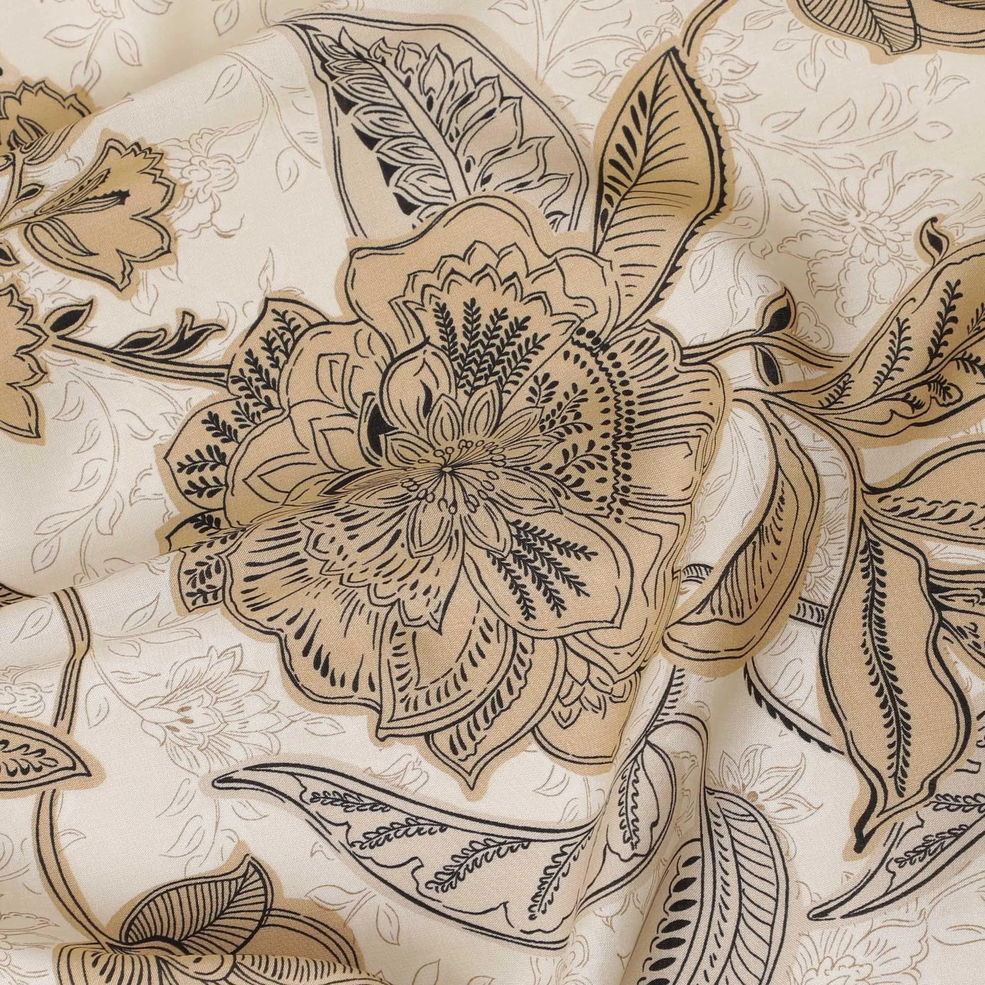 Latte beige premium Italian viscose fabric with same tone, black and pale brown print in floral design-D12528