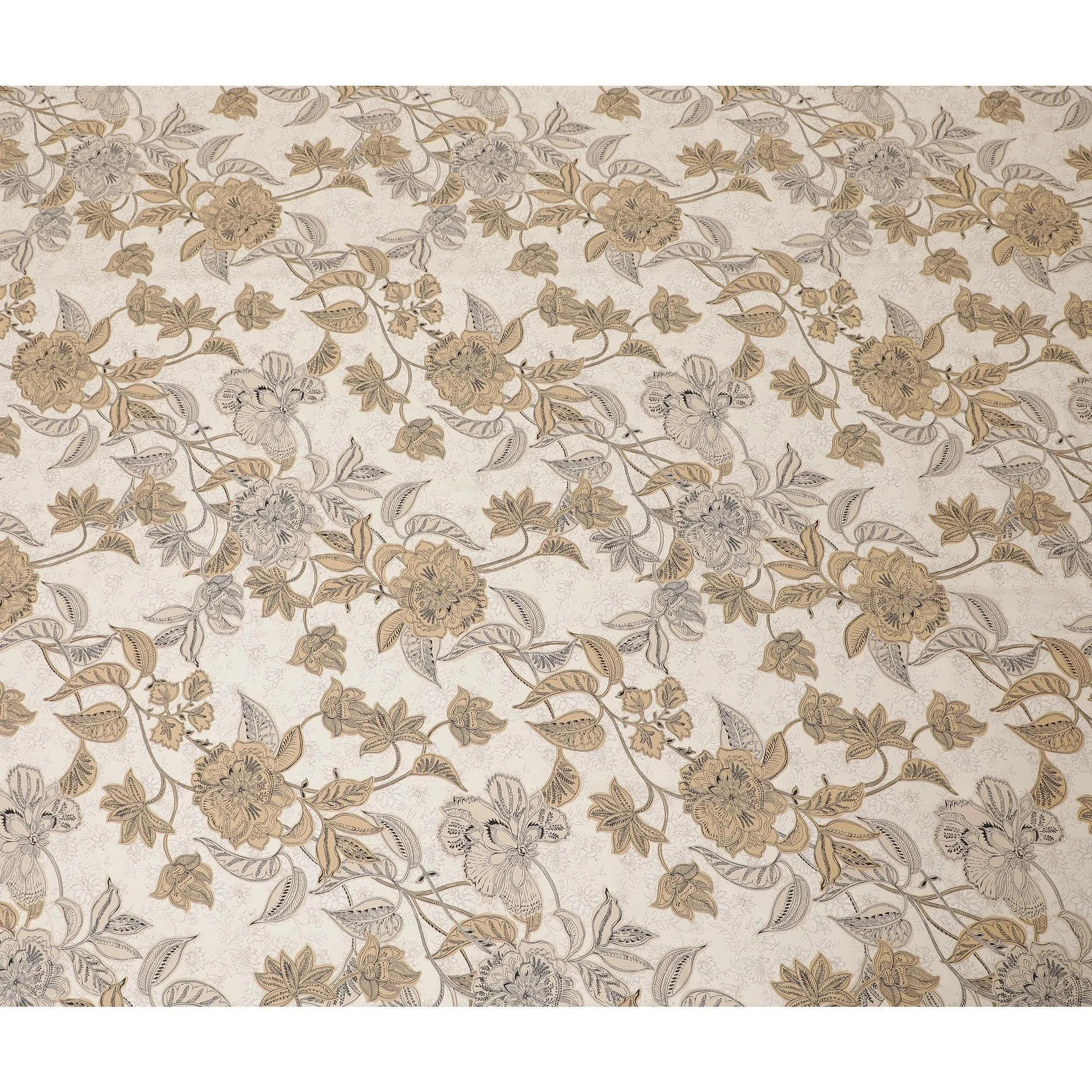 Latte beige premium Italian viscose fabric with same tone, black and pale brown print in floral design-D12528