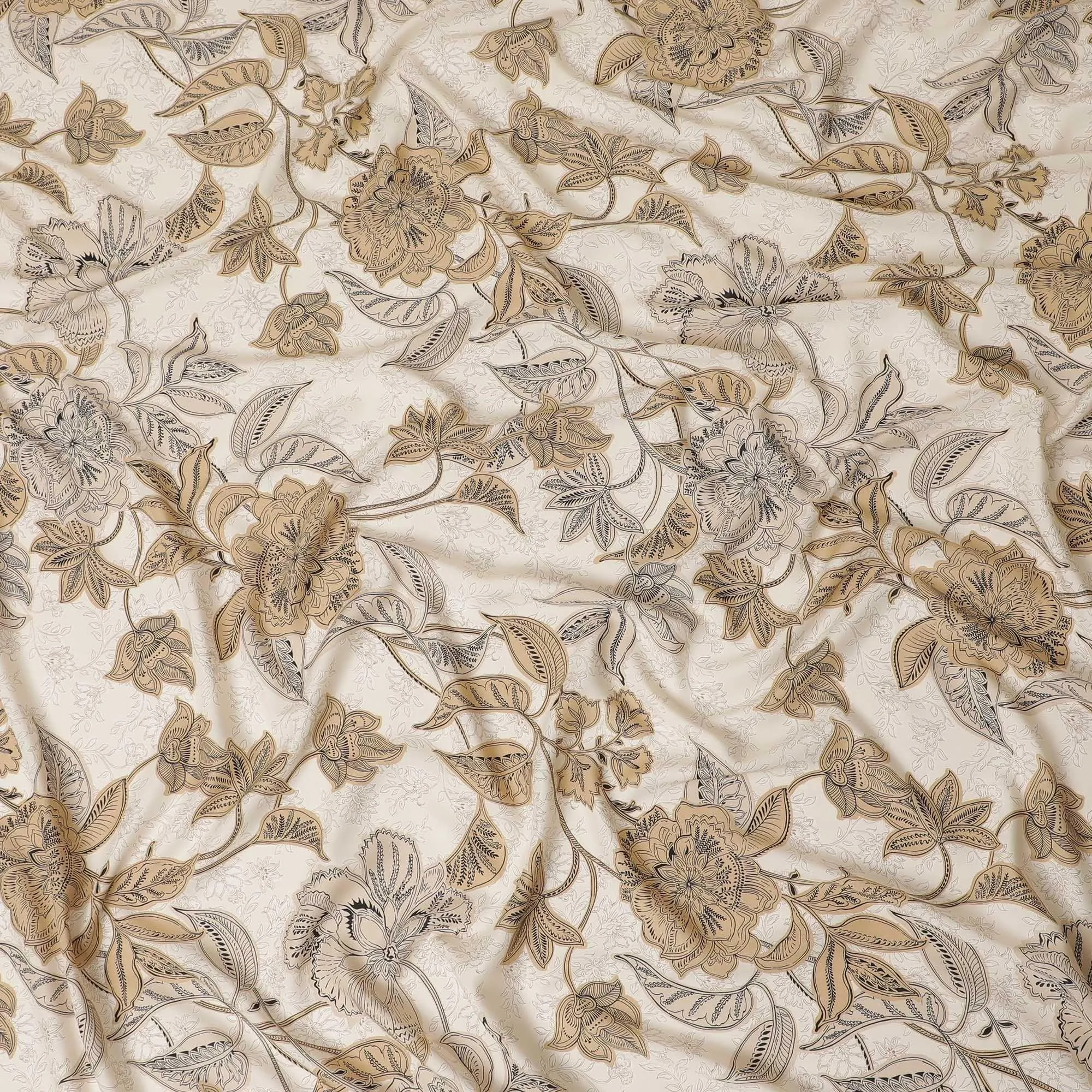 Latte beige premium Italian viscose fabric with same tone, black and pale brown print in floral design-D12528