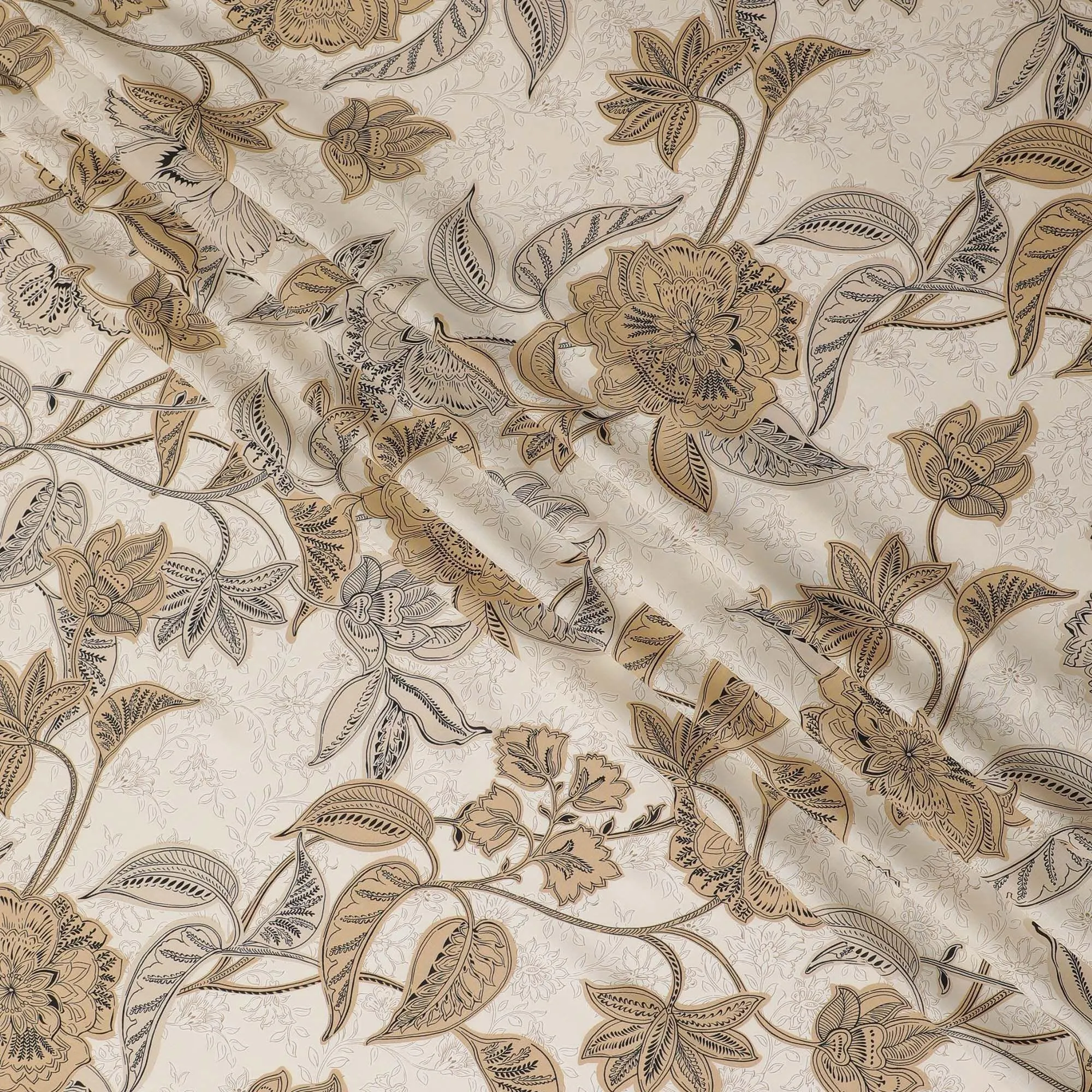 Latte beige premium Italian viscose fabric with same tone, black and pale brown print in floral design-D12528
