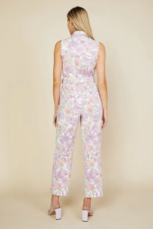 Lavender Woven Twill Floral Zip-Up Jumpsuit