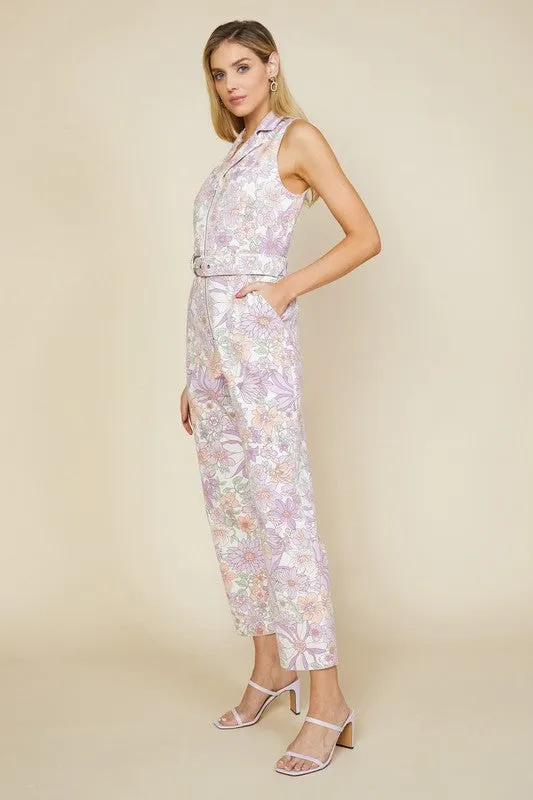 Lavender Woven Twill Floral Zip-Up Jumpsuit