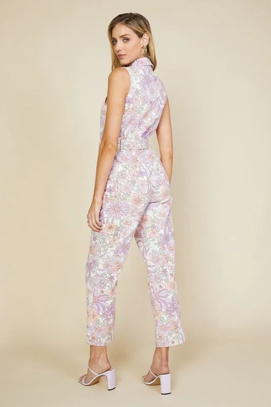 Lavender Woven Twill Floral Zip-Up Jumpsuit