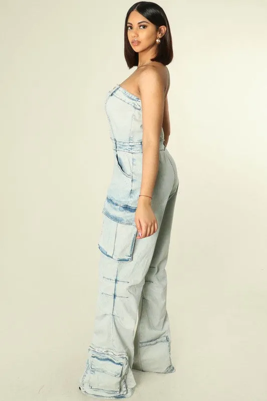 Light Denim Acid Washed Strapless Cargo Jumpsuit