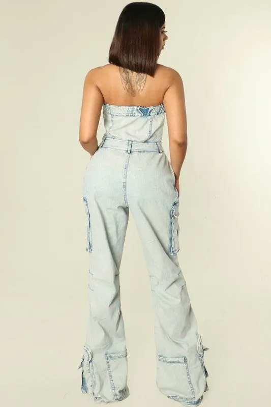Light Denim Acid Washed Strapless Cargo Jumpsuit