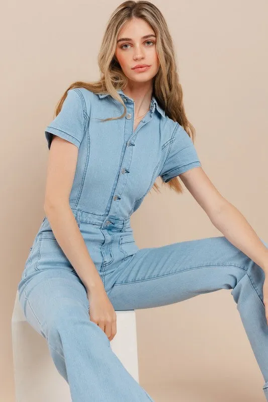 Light Denim Denim Flared Jumpsuit