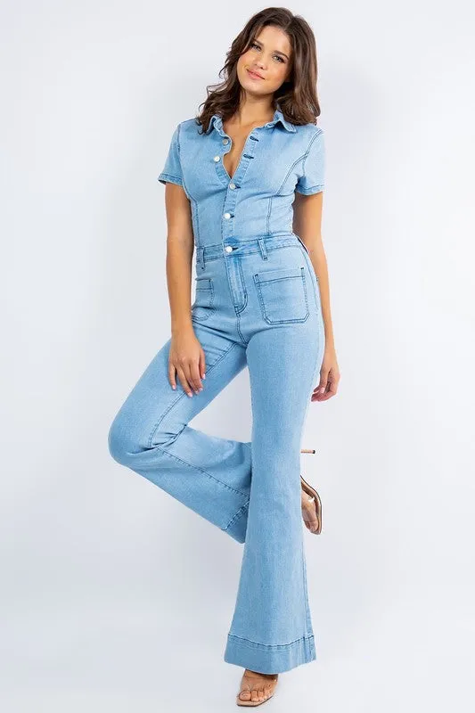 Light Denim Denim Flared Jumpsuit