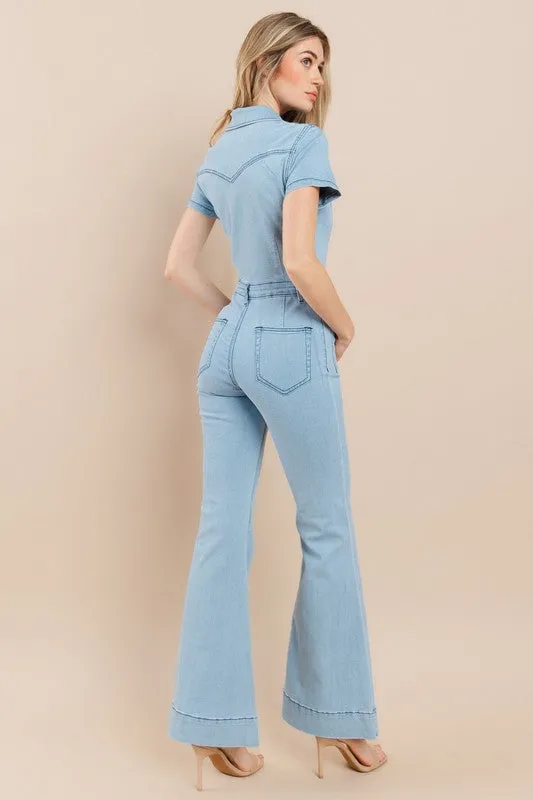 Light Denim Denim Flared Jumpsuit