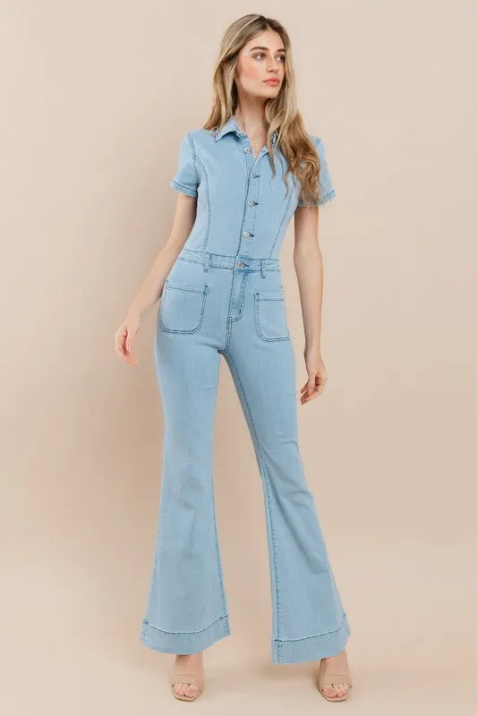 Light Denim Denim Flared Jumpsuit