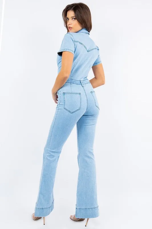 Light Denim Denim Flared Jumpsuit