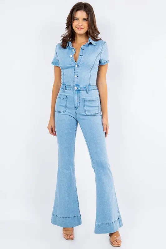 Light Denim Denim Flared Jumpsuit