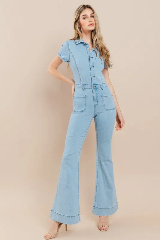 Light Denim Denim Flared Jumpsuit