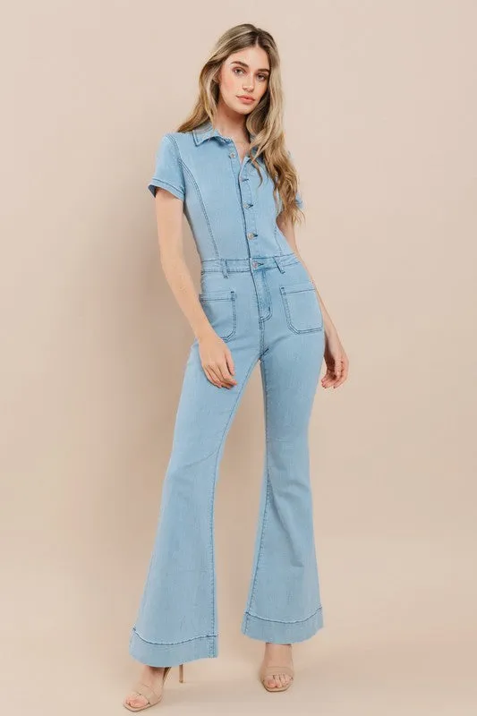 Light Denim Denim Flared Jumpsuit