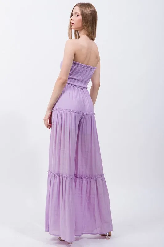 Light Purple Woven Solid Sleeveless Smocked Ruffle Jumpsuit