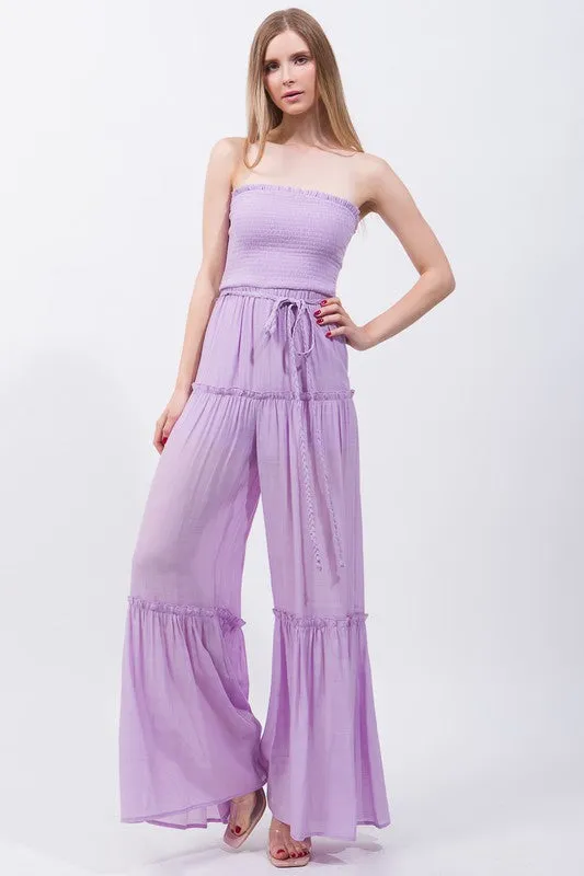 Light Purple Woven Solid Sleeveless Smocked Ruffle Jumpsuit