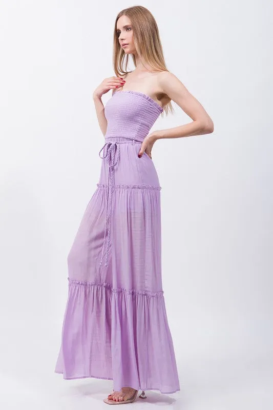Light Purple Woven Solid Sleeveless Smocked Ruffle Jumpsuit