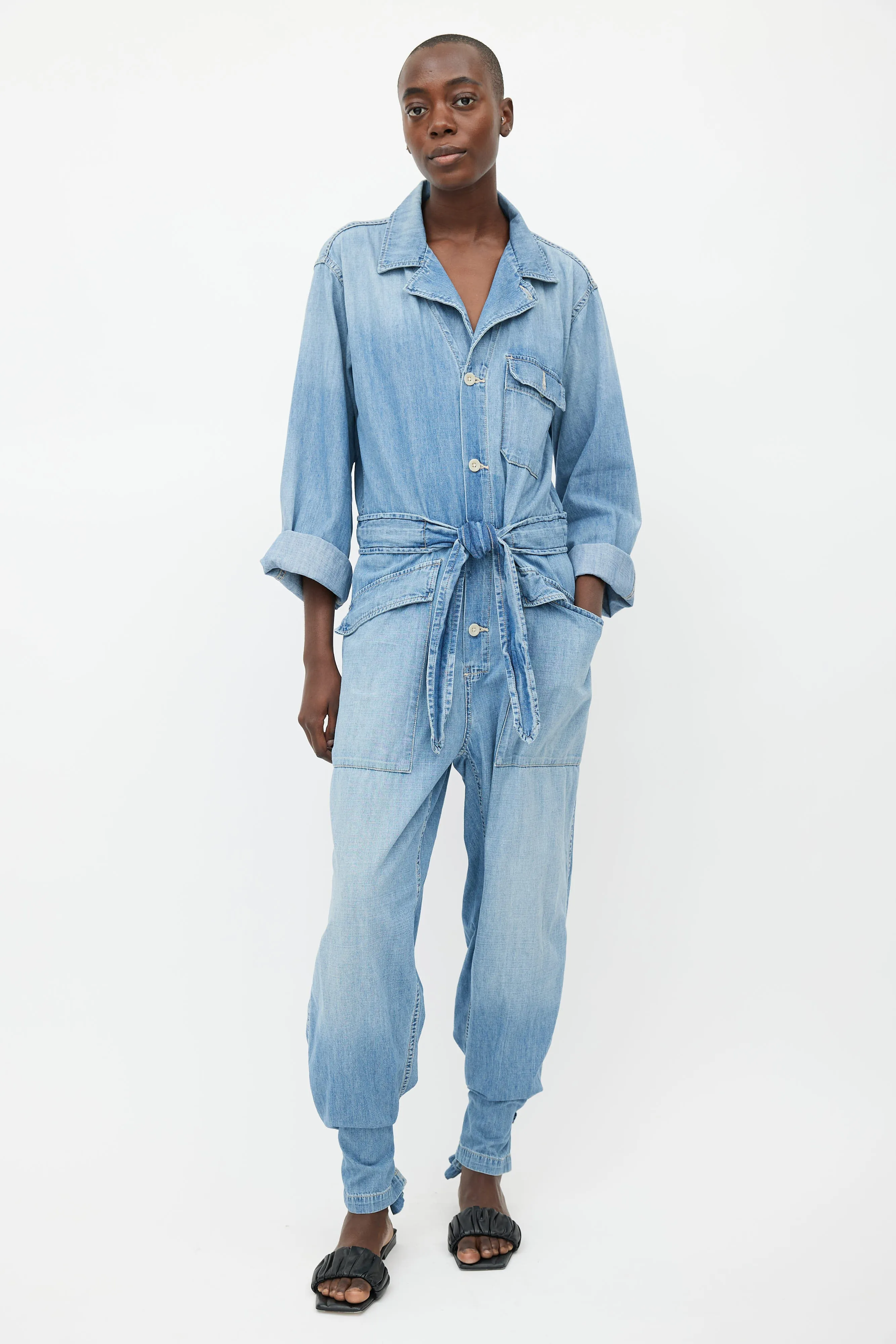 Light Wash Denim Belted Jumpsuit
