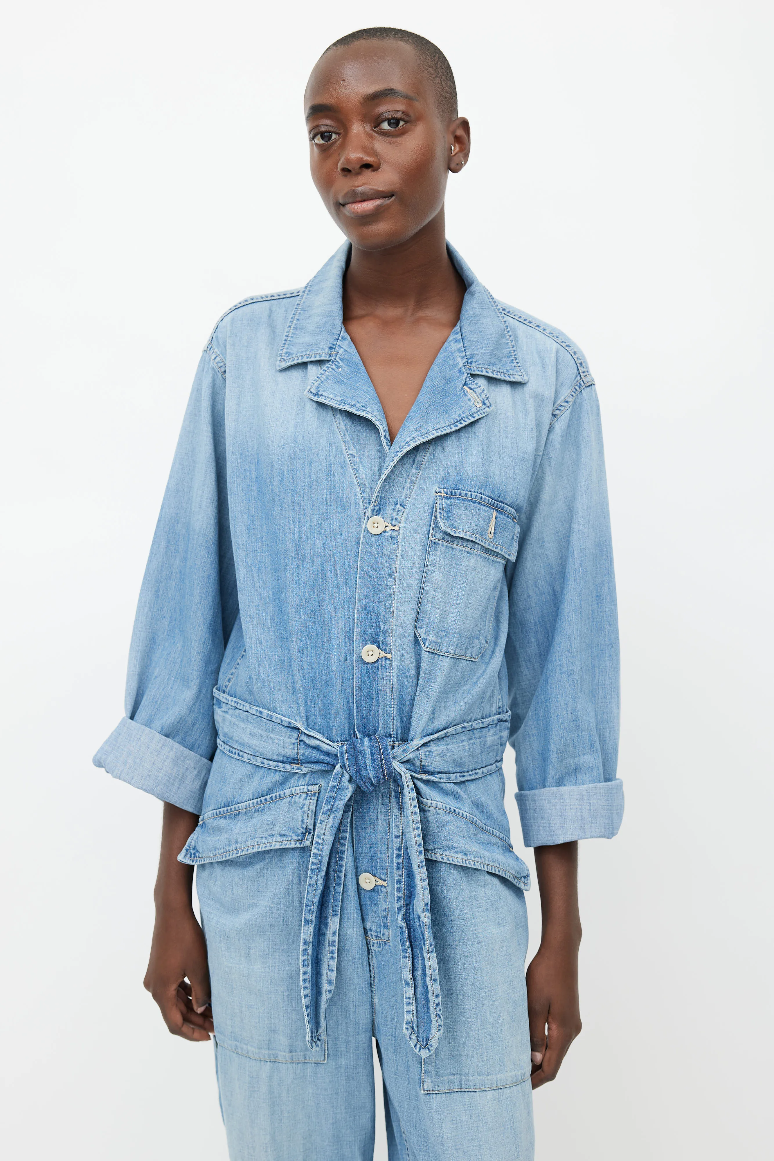 Light Wash Denim Belted Jumpsuit