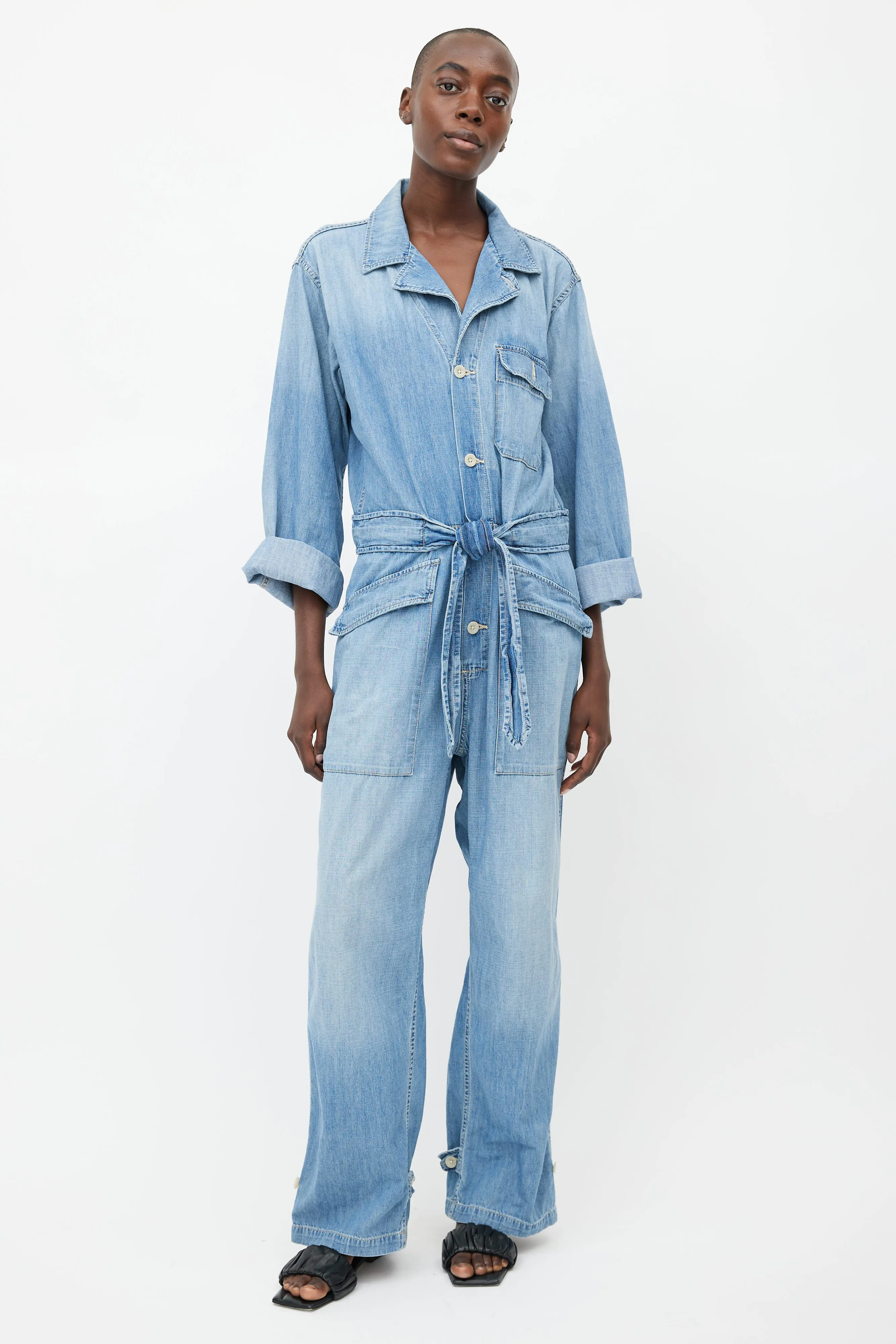 Light Wash Denim Belted Jumpsuit