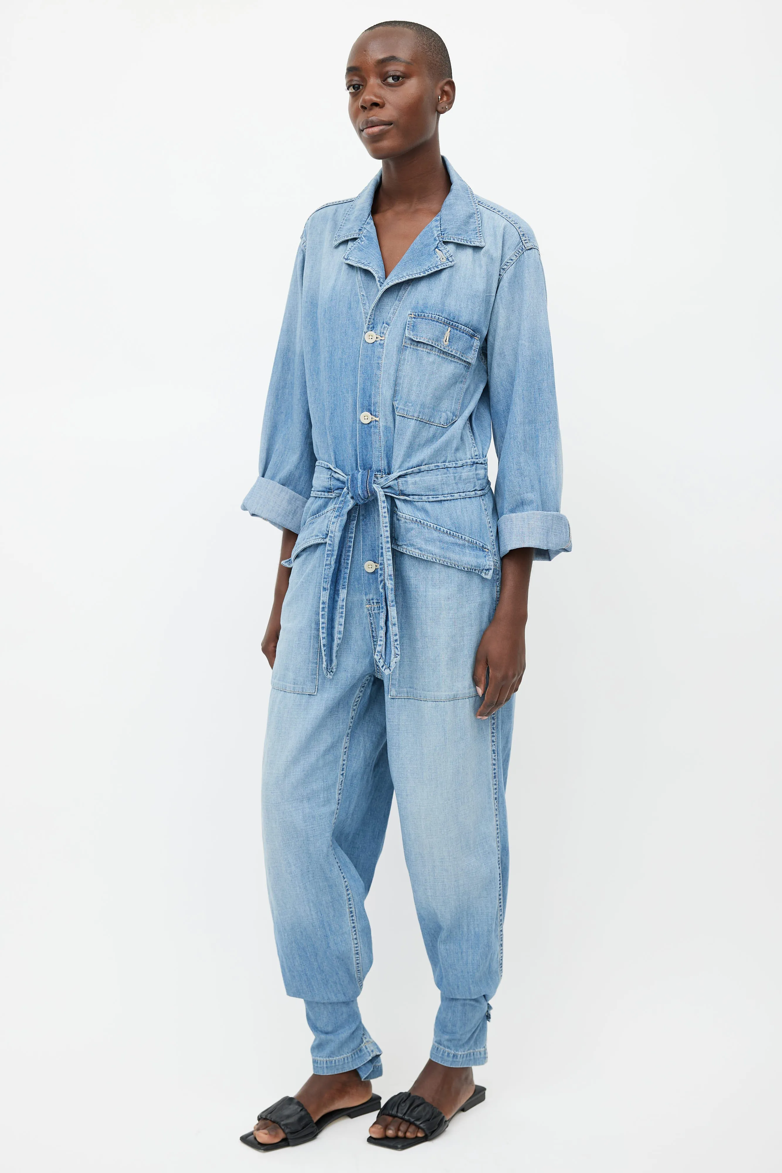 Light Wash Denim Belted Jumpsuit