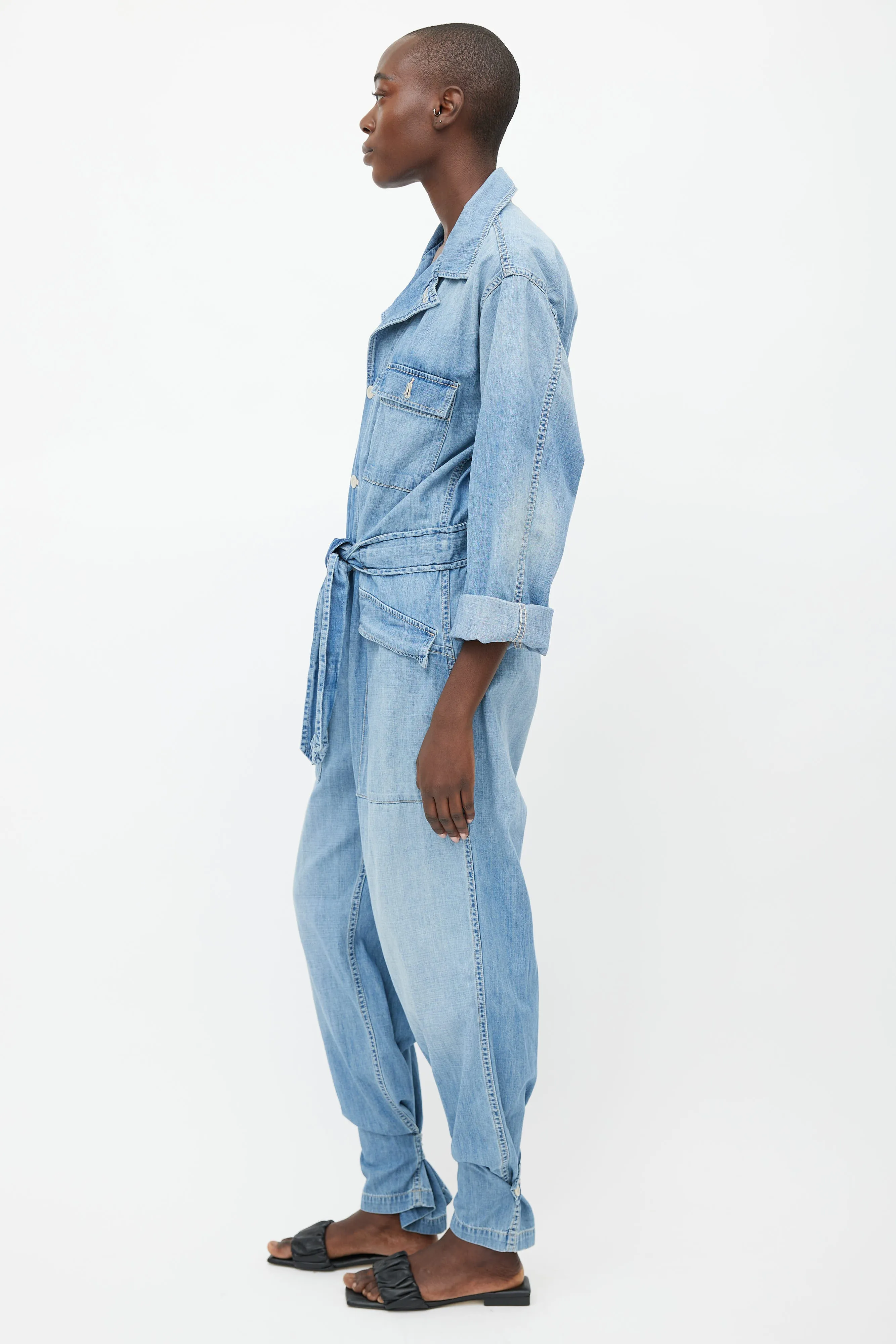 Light Wash Denim Belted Jumpsuit