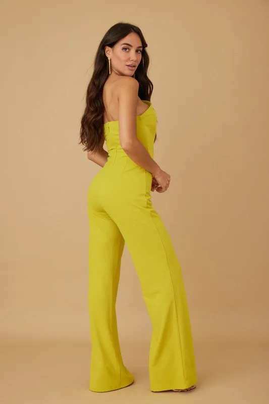 Lime Off Shoulder Button Trim Fashion Jumpsuit