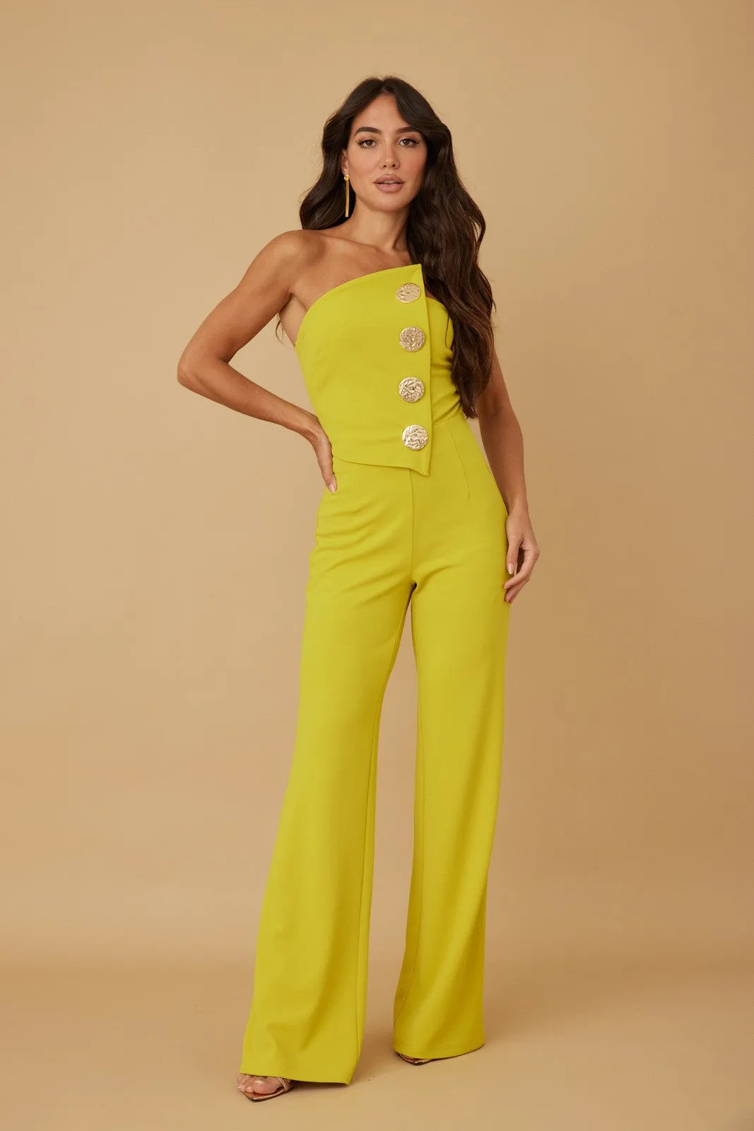 Lime Off Shoulder Button Trim Fashion Jumpsuit