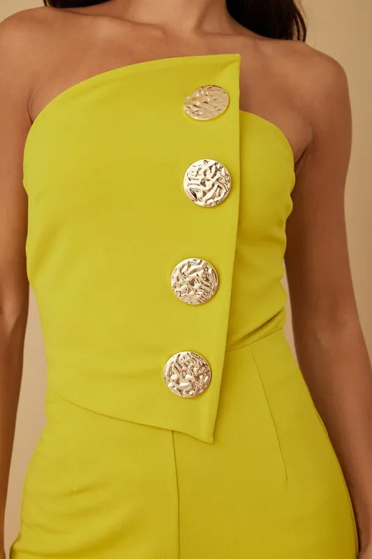 Lime Off Shoulder Button Trim Fashion Jumpsuit
