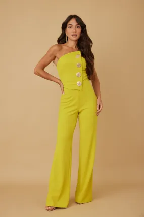 Lime Off Shoulder Button Trim Fashion Jumpsuit