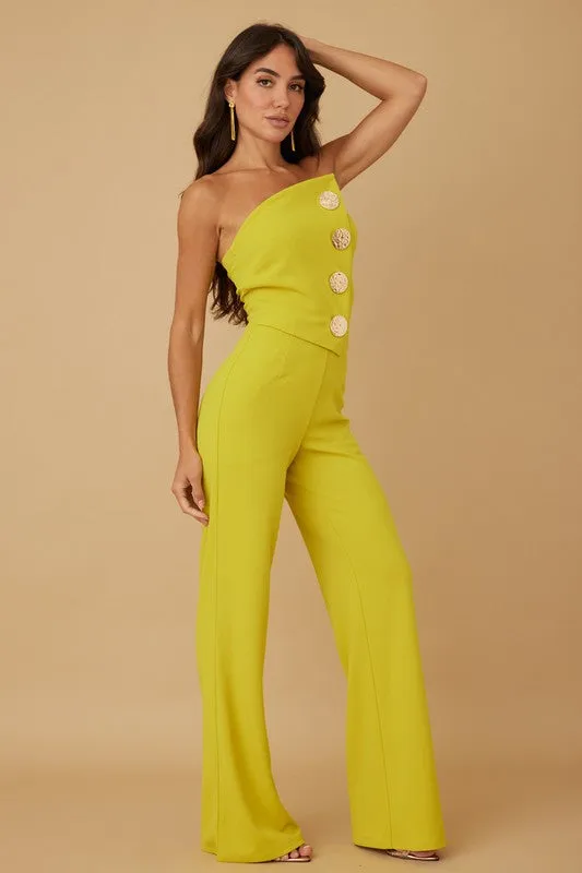 Lime Off Shoulder Button Trim Fashion Jumpsuit