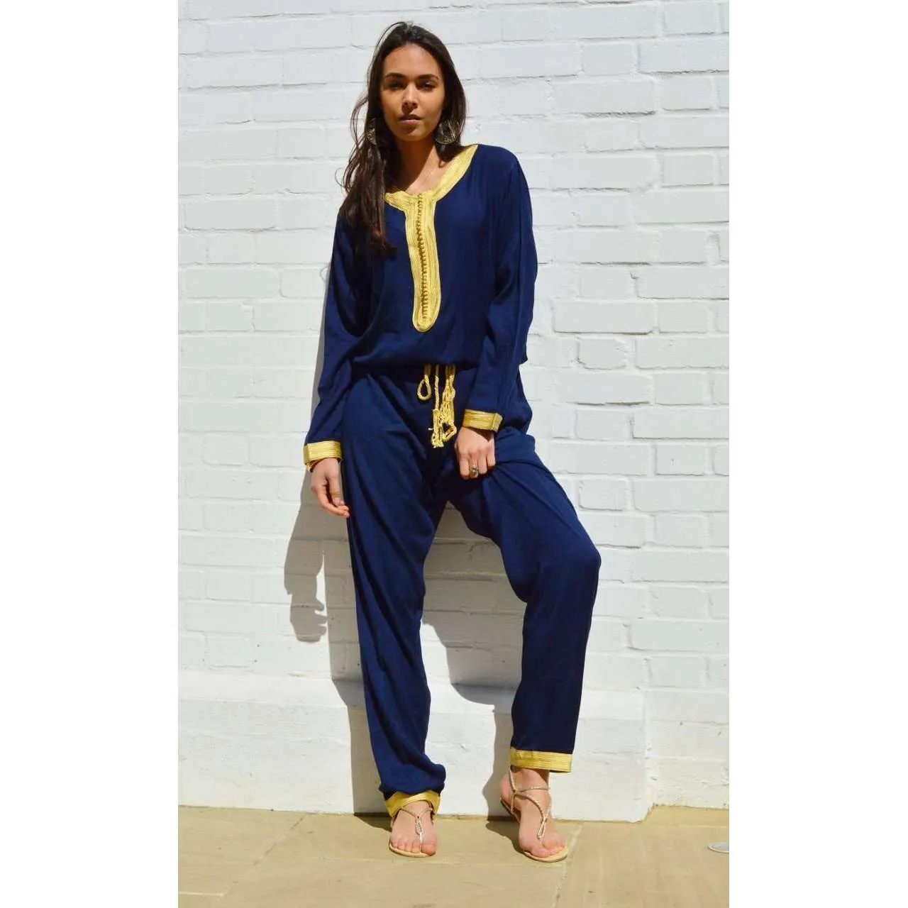 Marrakech Navy Blue Kara Jumpsuit-Embroidered Jumpsuit