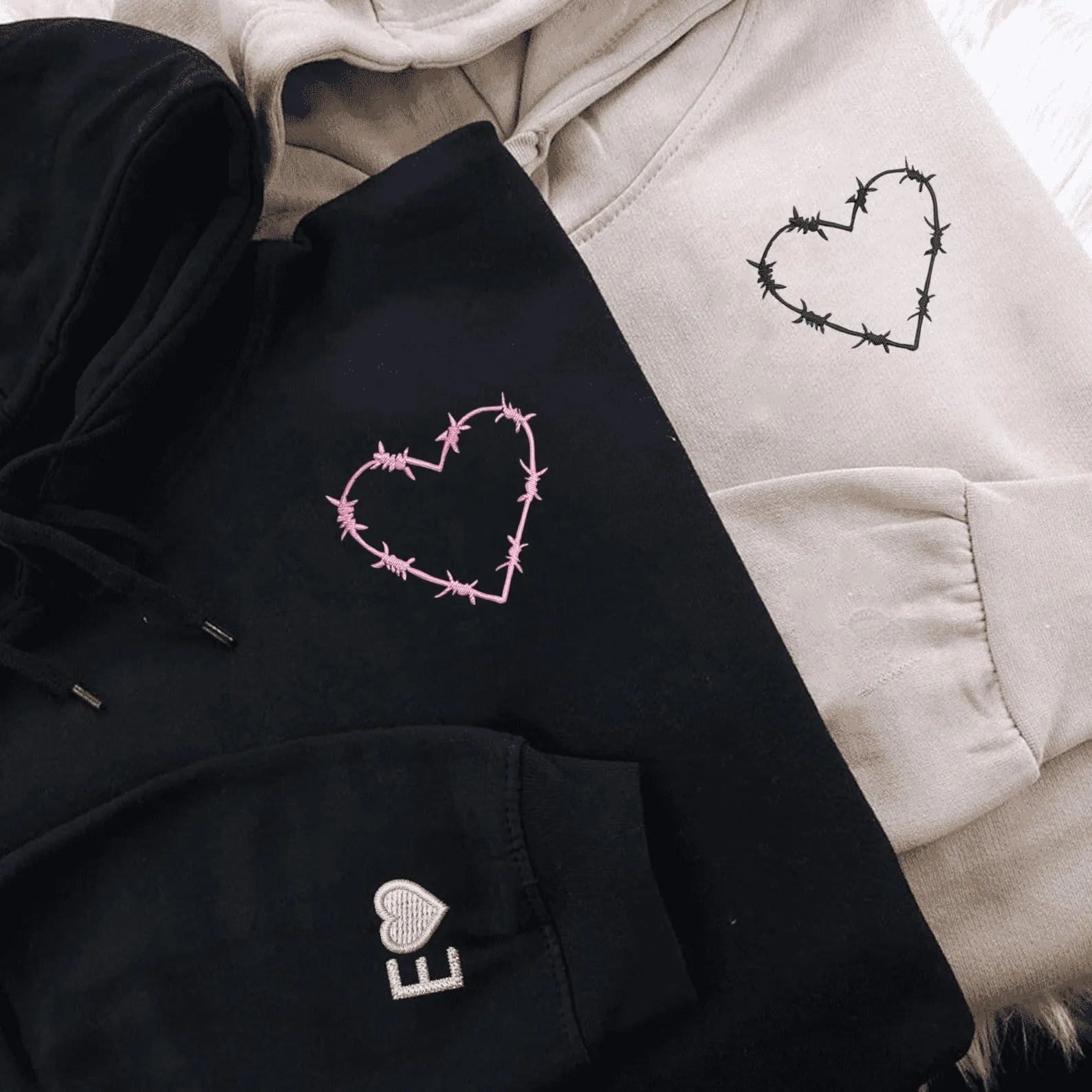 Matching Couple Hoodies - Barbwire Heart Custom Embroidered Sweatshirts For Couples