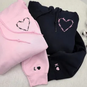 Matching Couple Hoodies - Barbwire Heart Custom Embroidered Sweatshirts For Couples