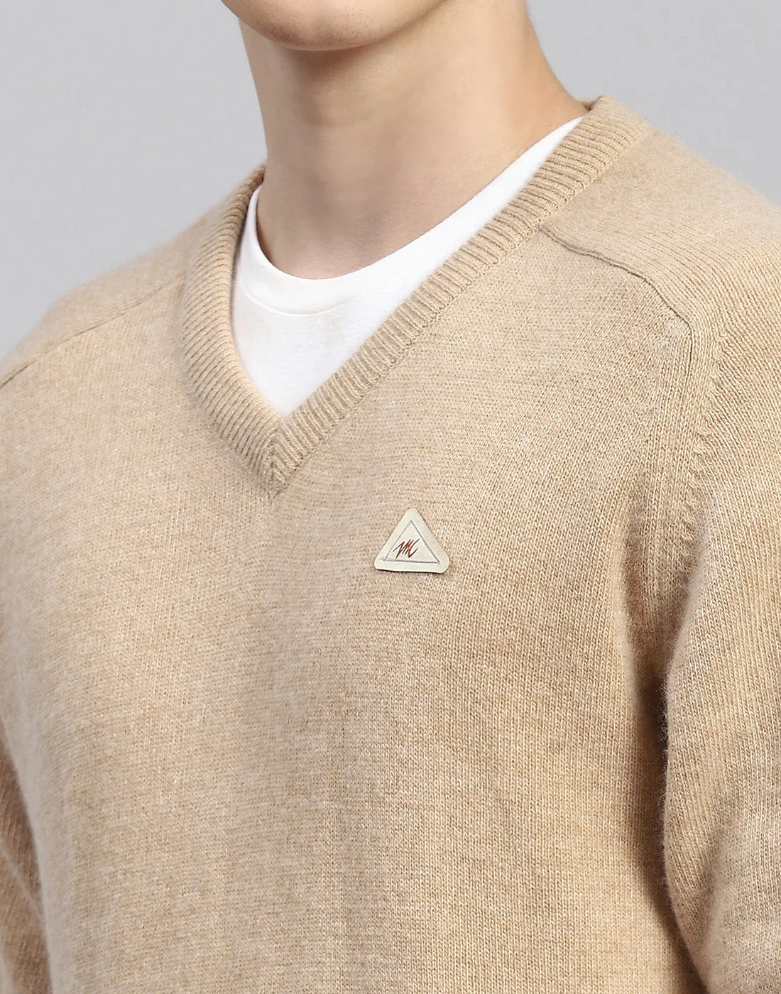 Men Beige Solid V Neck Full Sleeve Pullover