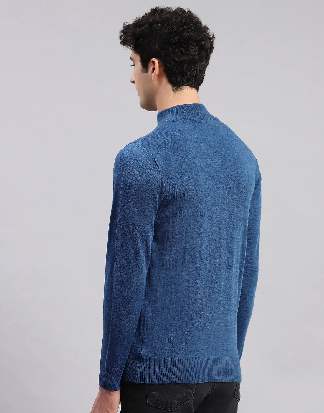 Men Blue Solid T Neck Full Sleeve Sweaters/Pullovers