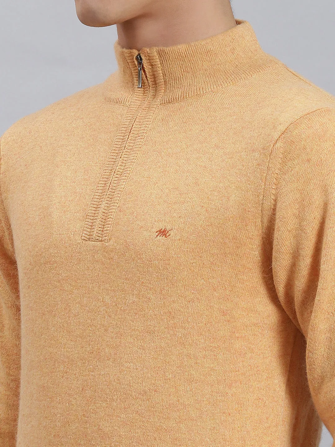 Men Orange Solid Stand Collar Full Sleeve Sweaters/Pullovers