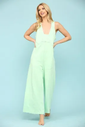 Mint Cotton Sleeveless Detail Line Wide Jumpsuit