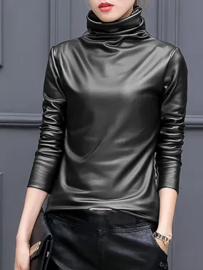 Mock Neck Faux Leather Casual Long Sleeve Sweatshirt