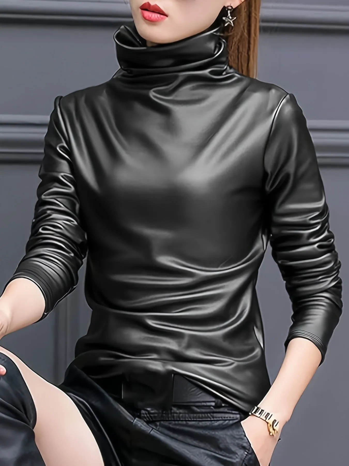 Mock Neck Faux Leather Casual Long Sleeve Sweatshirt