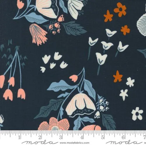 Moda Folk Lore Garden Tales Large Floral Peacoat Blue Fabric