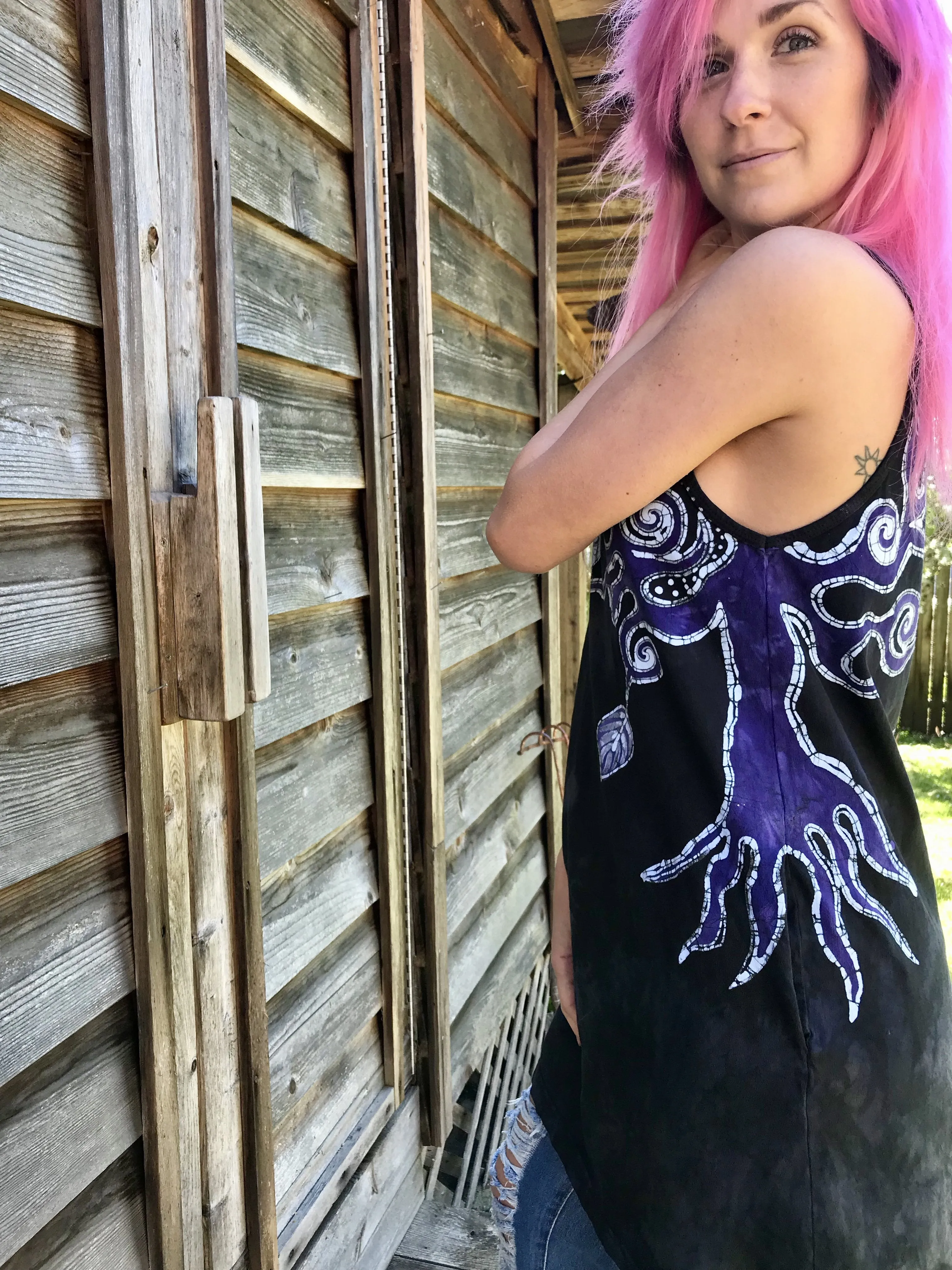 Moss and Purple Owl Batik Dress - Size Medium ONLY